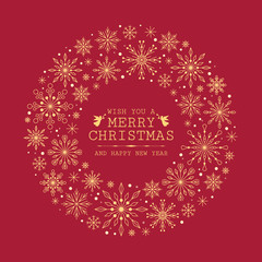Fototapeta na wymiar merry christmas banner card - gold circle frame with abstract line snow sign on red background vector design