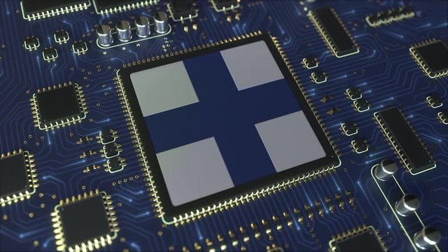 National flag of Finland on the operating chipset. Finnish information technology or hardware development related conceptual 3D animation