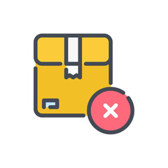 Parcel, delivery box with cancel cross color line icon. Cardboard box with decline cross vector outline colorful sign.