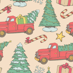 Seamless Christmas pattern with snowy Christmas trees and red cars in retro style