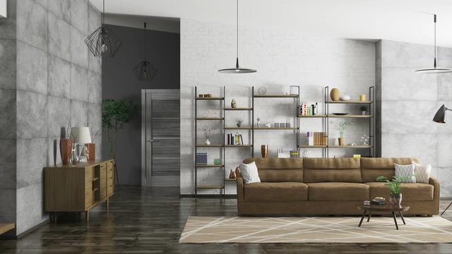 Home interior of modern apartment, design of living room, hall, animation