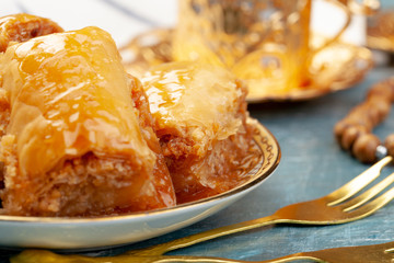 Close up photo of Delicious Turkish Baklava served on a plate