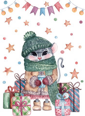 Watercolor postcard with cute character. The mousy, gifts and Christmas decoration. Design for postcards, invitations and other purposes.