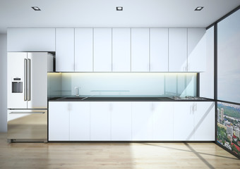 White modern kitchen room in front view.3d rendering