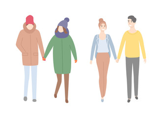 Couples in winter and spring cloth walking holding hands. Vector man and woman dating, dressed in coats and hats, trousers and sweaters isolated people