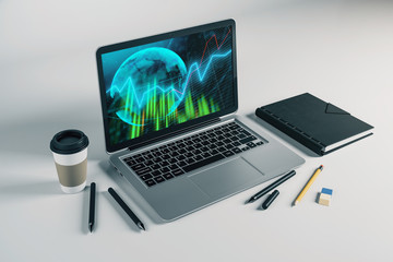 Fototapeta premium Laptop closeup with forex graph and world map on computer screen. Financial trading and education concept. 3d rendering.