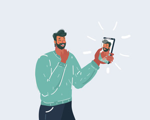 Selfie man holding smartphone with self portrait