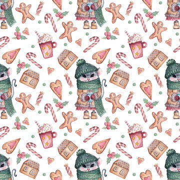 Christmas seamless pattern with mouse character, gingerbread and sweets. Watercolor hand drawn Christmas background for wrapping paper, design, fabrics, cards and other purposes.