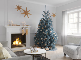 3D-Illustration. christmas scene with decorated tree and fireplace.