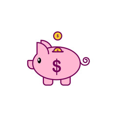 Piggy bank with falling gold coins. Pink coin box. Vector illustration isolated on white background.