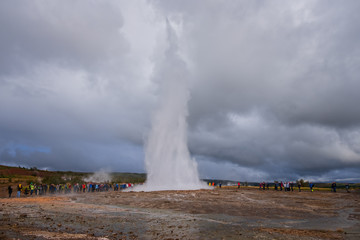 Strokkur geysir eruption, Golden Circle, Iceland. September 2019