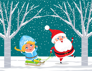 Winter forest with characters having fun. Santa Claus pulling sleds with Snow Maiden. Natural landscape with trees decorated with garlands. New Year eve and Christmas Time holidays. Vector in flat