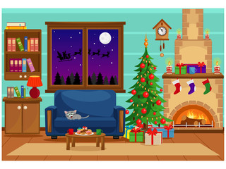 Vector room prepared for the celebration of new year and Christmas. Interior with Christmas tree, furniture and treats for the holiday.