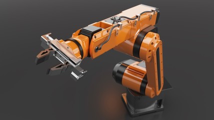 Industrial robots for welding & handling. Robotic Arm, 3D rendering isolated on gray background