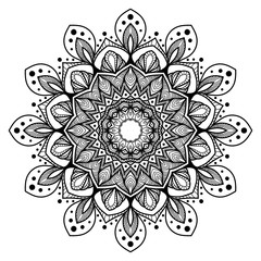 Mandala coloring book page. Circular pattern for henna, mehendi, tattoo, vintage decorative ornament, textile print, wall paper, background, packaging paper, wallpaper. Boho chic, ethnic pattern.