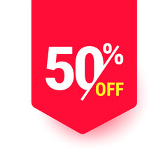 50% off. Discount offer price tag, label, promo discount symbol, best sale offer, promo marketing badge, vector illustration.