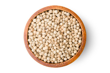 Top view (flat lay) of peppercorn in wood bowl isolated on white background with clipping path.