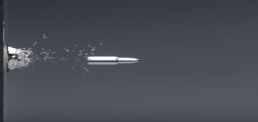 Fototapeta premium Bullet, shell flies through splash. 3d illustration render. Shooting from automatic weapons. Cartridge on dark background. Silver bursts fly away from explosion. Military operations, shooting from gun