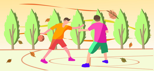 Obraz na płótnie Canvas Two men play basketball on the court with tree on background and have dry leaf blow from the wind , Vector illustration