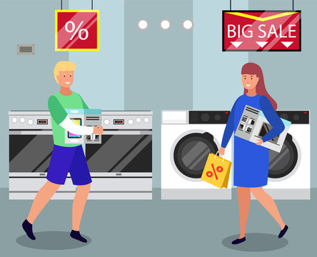 People buying washing machine, microwave oven and tablet on sale. Man carrying tablet in package and woman with electronic appliance for kitchen. Characters at store using big discounts vector