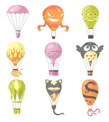 Fotobehang Dieren in luchtballon Vlakke afbeelding van heteluchtballonnen. Verzameling van verschillende typs romantisch, tekenfilm dieren en branden kleurrijke vliegende entertainment festival ballonnen buiten. Reizen, luchttransport illustratie