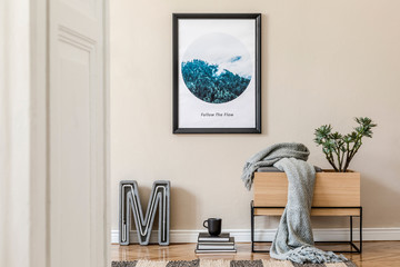 Scandinavian and design home interior of living room with wooden commode, design neon, plants,...