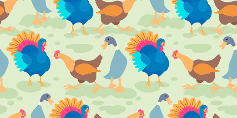Seamless pattern with farm birds. Rooster, goose, turkey. Vector illustration