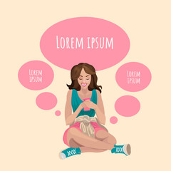 The girl with phone, joyful cheerful correspondence, messages online, messenger