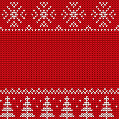 Fototapeta na wymiar Christmas decorative white ornament of trees and snowflakes on red canvas. Winter background or wallpaper vector. Xmas sweater with embroidery in traditional style. Christmas or New Year illustration