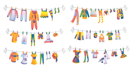 Various items of baby clothes on rope isolated vector illustration on white background. Laundry held by plastic pegs drying. Set of children's themed costumes