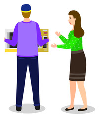Male character holding microwave electronic equipment, woman standing near man. Big discount of kitchen electric device, shoppers buying appliance. People with purchase in supermarket vector