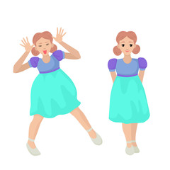 A girl in two poses. Having fun and jumping. The girl stands quietly and smiles. Vector illustration of character.