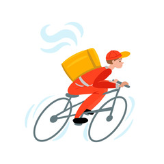 A young guy in red uniform carries food or pizza by bike, fast delivery. Vector illustration