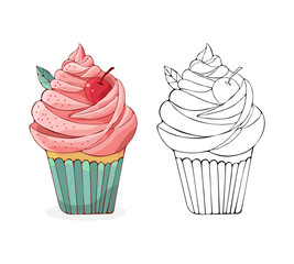Set cartoon cakes in vector. Hand drawn dessert in vintage style. Cap cake with cream and cherry. Sweet food isolated on white background. Illustration of black line art and colored version.