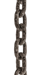 A piece of an old rusty chain isolated on white. Corrosion threw from the sea air.