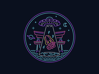 Vector illustration of an UFO abducting a japanese octopus