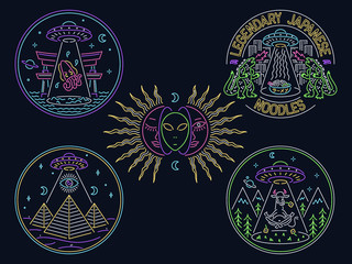 Set of Alien and UFO neon signs and illustrations for any use © PennaPazza