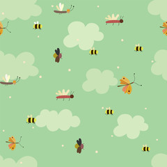 Cute seamless pattern with insects on the cloud sky background.  Print for fabrics or wallpapers.