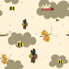 Cute pattern with insects on the cloud sky background.  Print for fabrics or wallpapers.