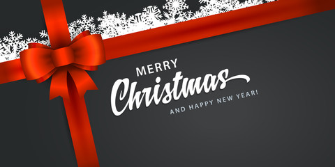 Merry Christmas and Happy New Year vintage background template with gift box red ribbon and bow