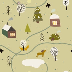 Obraz na płótnie Canvas Seamless pattern with houses , trees and animals. Winter forest. Vector illustration.