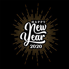 Gold Happy 2020 New Year lettering design with Burst illustration.Vintage Holiday festive label vector illustration