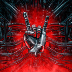 Devil horns cyber hand / 3D illustration of grungy metallic artificial robot fingers showing rock symbol