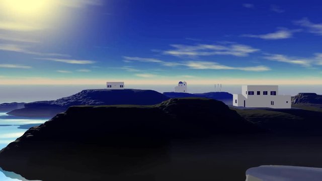 Animation on the island, white houses, church and bell tower and clouds in the blue sky.
