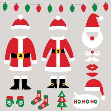 Santa Claus clothes, Christmas and New Year vector set, coats, hats, mittens, boots, socks