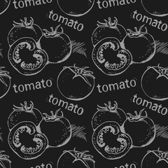 Tomato vector seamless pattern, hand drawn food vegetable chalk board background