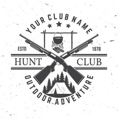 Hunting club. Vector. Concept for shirt, print, stamp or tee. Vintage typography design with hunting gun, pot on the fire, camping tent and forest silhouette. Outdoor adventure hunt club emblem