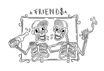 Greeting card of very best friends, hug whit skeleton freind, halloween party
