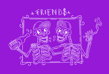 Greeting card of very best friends colored, hug whit skeleton freind, halloween party