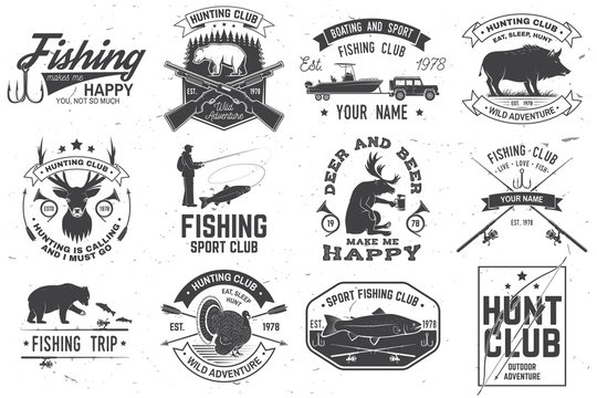 Set of hunting club and fishing club badges. Vector. Concept for shirt, stamp, tee. Design with hunting gun, bear, turkey , deer, camping tent, fish rod, bear. Outdoor adventure club emblem